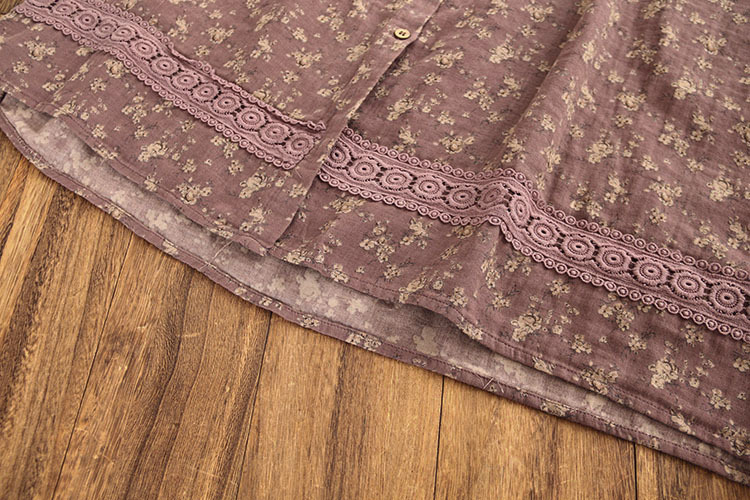 Floral print lace stitching a-line stand-up collar skirt dress