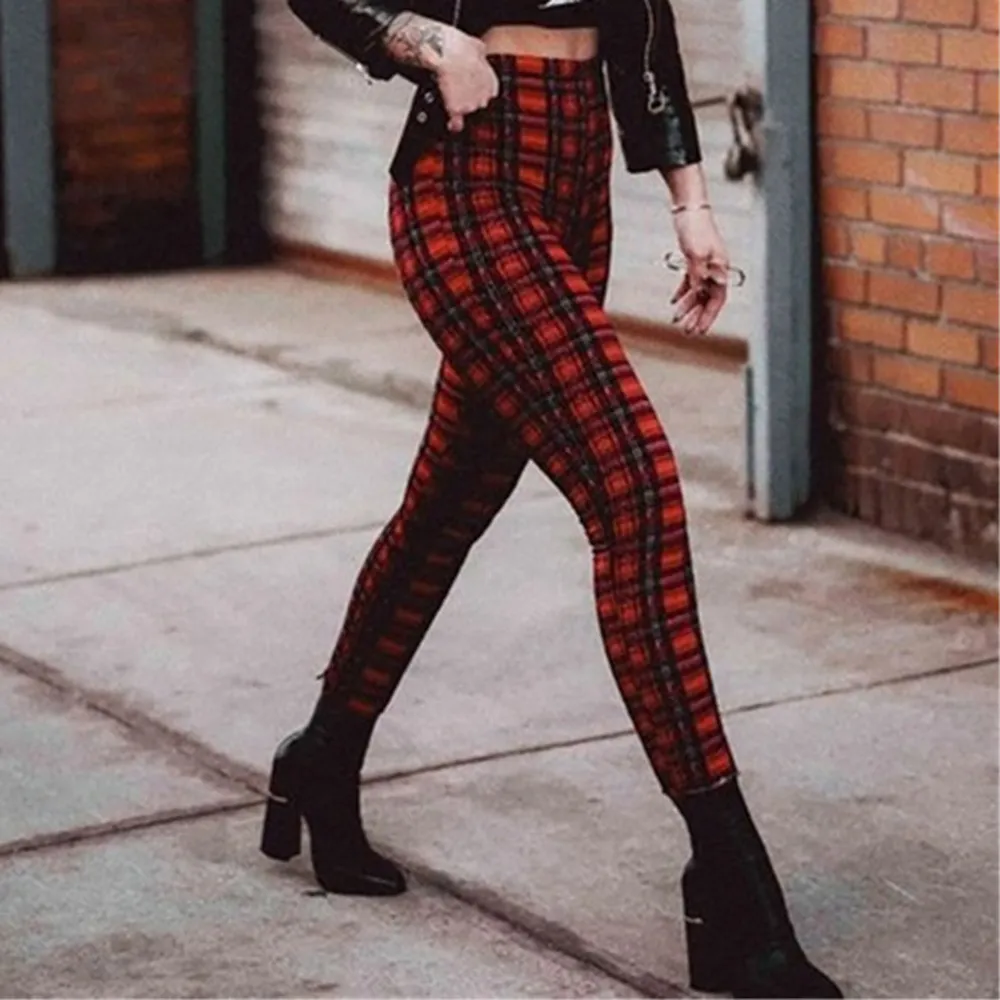 Plaid high waist leggings women casual pants - Red