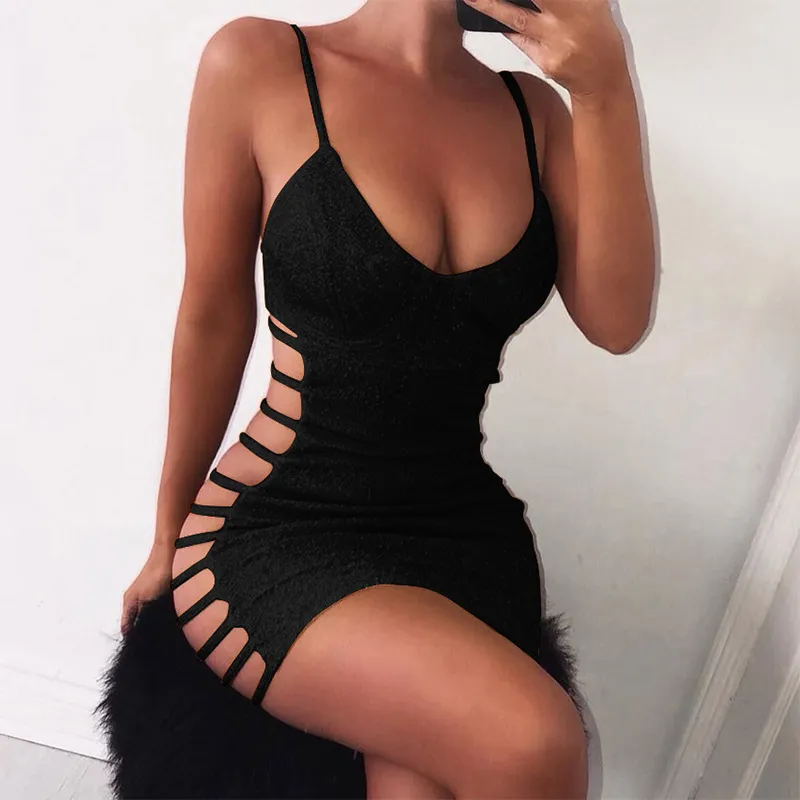European sexy V-neck strap bandage gold silk dress - Black