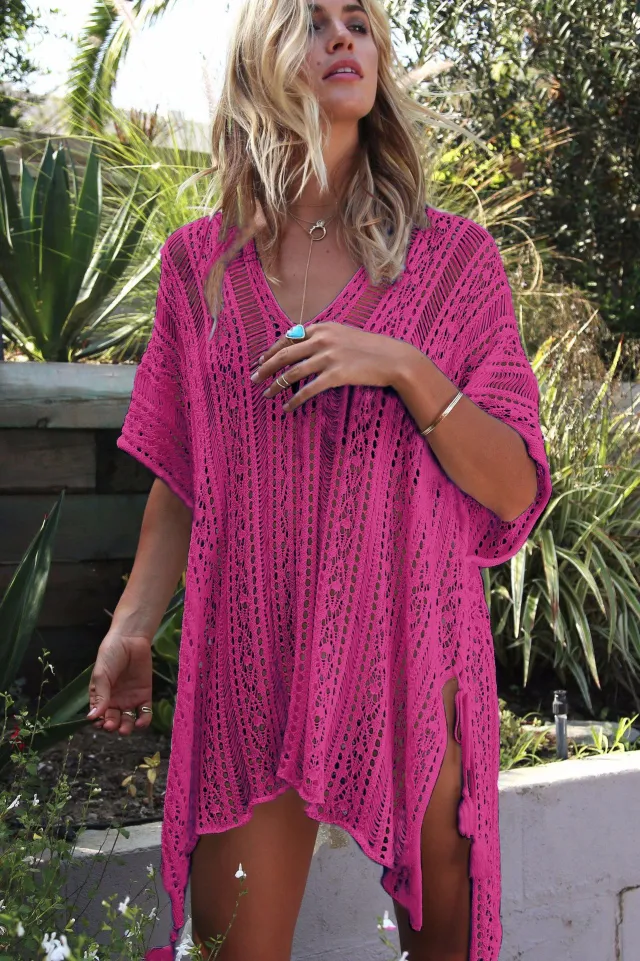 Knitted Hollow Loose Bikini Blouse Rose Red - Shop at LoveMi