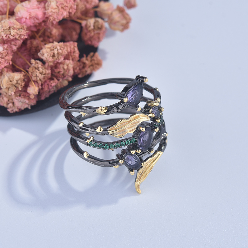 Creative Leaf Feather Color Diamond Gem Ring