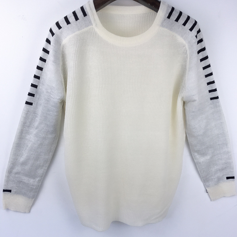 Men's Fashion Casual Sweater Pullover Stripe splicing Thick Slim fit Knitted Round Neck
