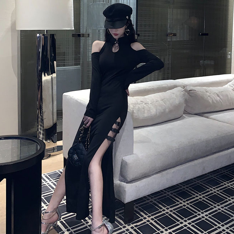 Sexy off-the-shoulder long-sleeved slim-fitting slim high split dress dark girl long cheongsam