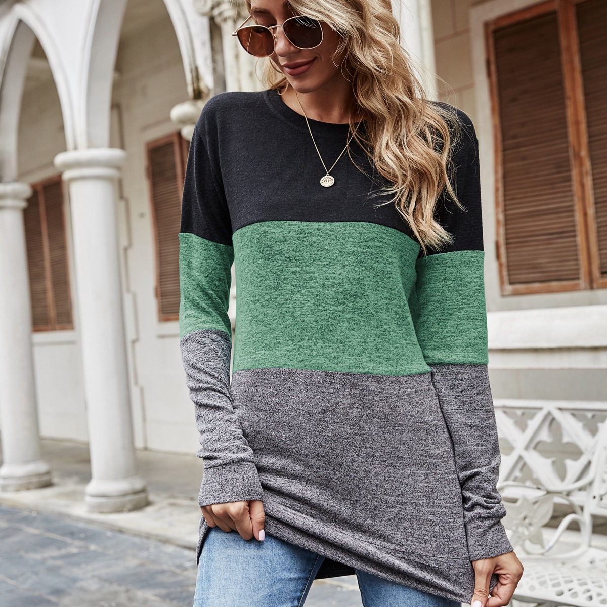 Round neck pullover color block sweater loose casual top