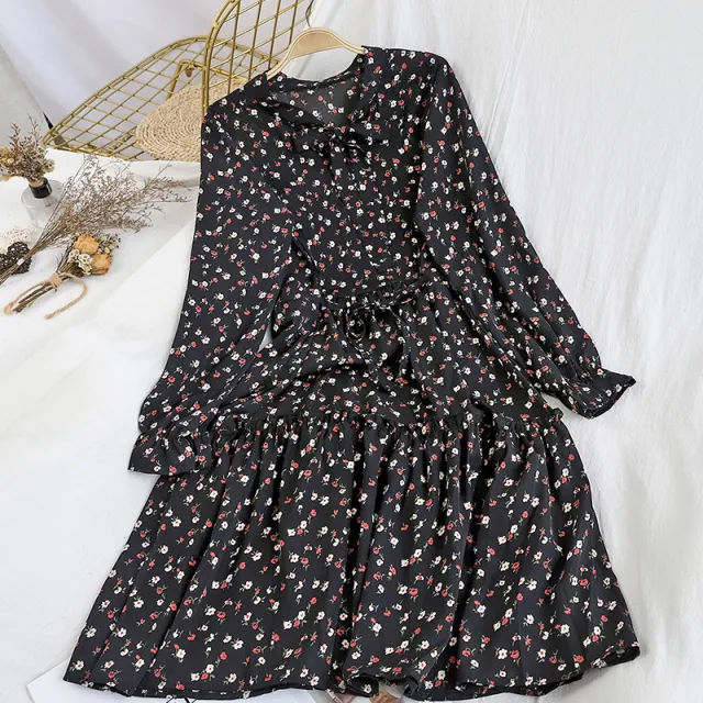 College style tie stand collar waist bottoming midi skirt spring floral A line dress Black - Shop at LoveMi