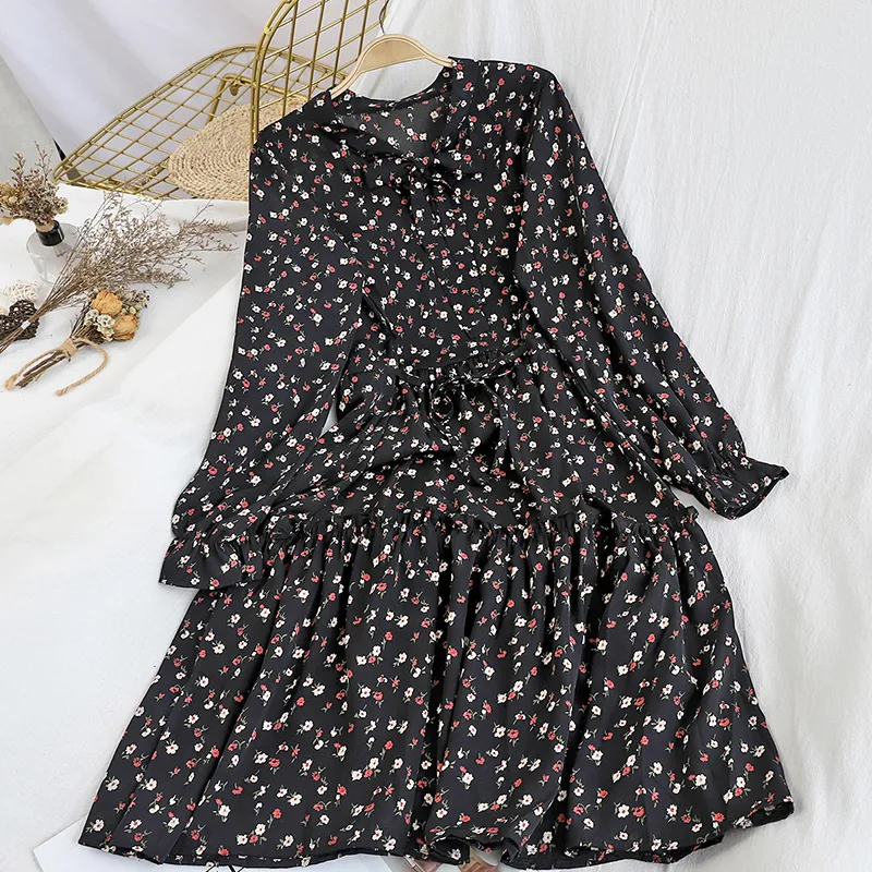 College style tie stand collar waist bottoming midi skirt spring floral A-line dress - Black