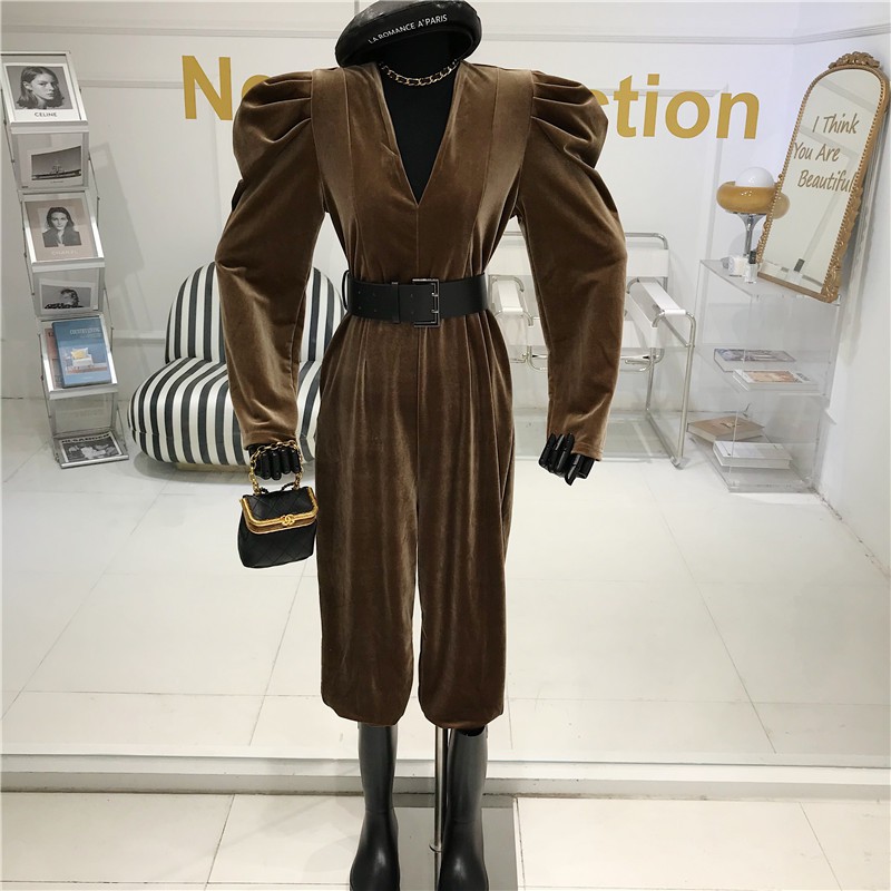 Velvet V-Neck Puff-Sleeve Jumpsuit, picture 5 of 7