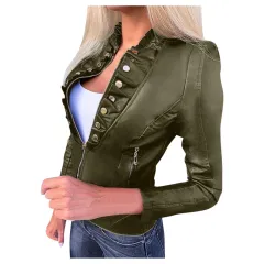 PU motorcycle clothing slim slim winter leather jacket - Armygreen - View 1