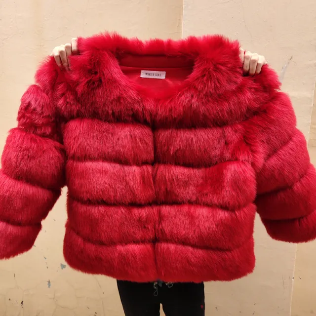 Slim short faux fox fur coat Red - Shop at LoveMi
