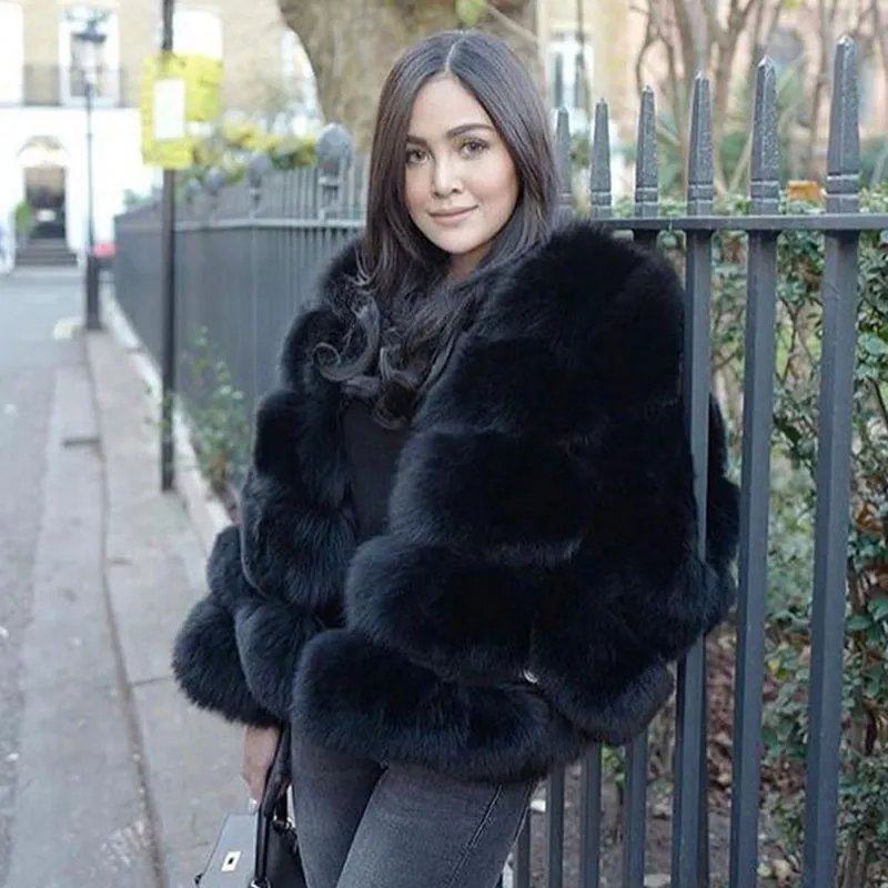 Slim short faux fox fur coat - Black