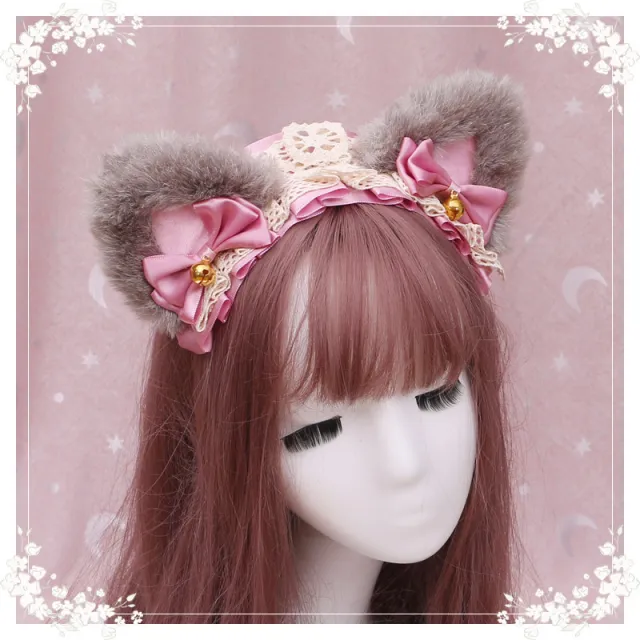 Lolita hair ornament Plush cat ear Lolita headdress lace Ribbon Headband 20 Colour - Shop at LoveMi