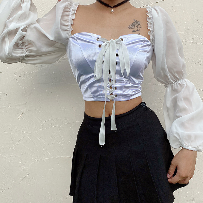 Mesh Puff Sleeve Tie Top