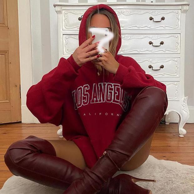 Loose plus size letter printed women's hooded sweater