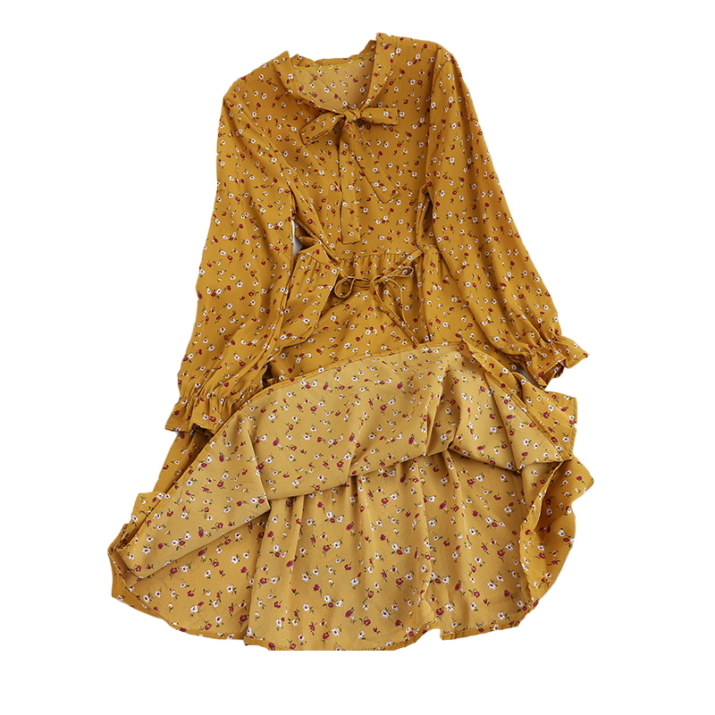 College style tie stand collar waist bottoming midi skirt spring floral A-line dress