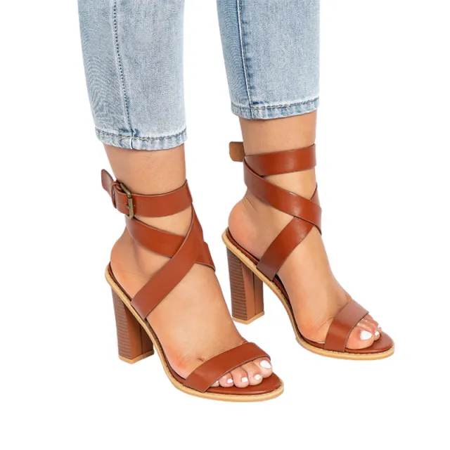 Plus size sandals for women with chunky heels Brown - Shop at LoveMi