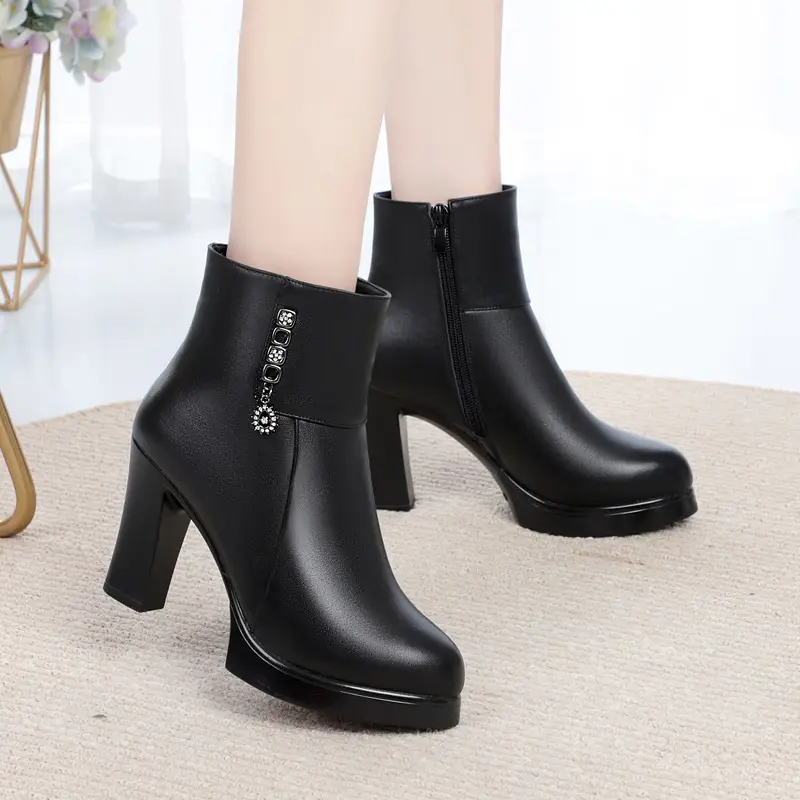 Plush leather high heel boots
