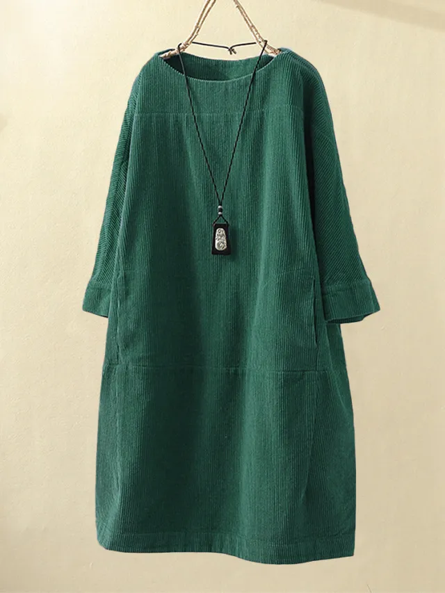 New solid color dress Korean loose three quarter sleeves Green - Shop at LoveMi