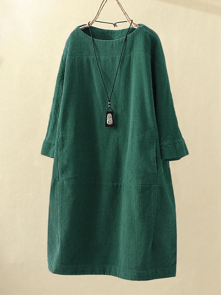 New solid colour dress Korean loose three-quarter sleeves - Green