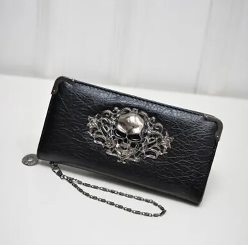 Wallet Female Clutch Coin Purse Women PU Leather Wallet Long Zipper Closed Wallets Skull Flower Design Lady Purses - Black