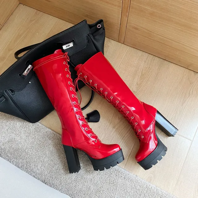 Large size lacquered front lace up thick heel boots Red - Shop at LoveMi