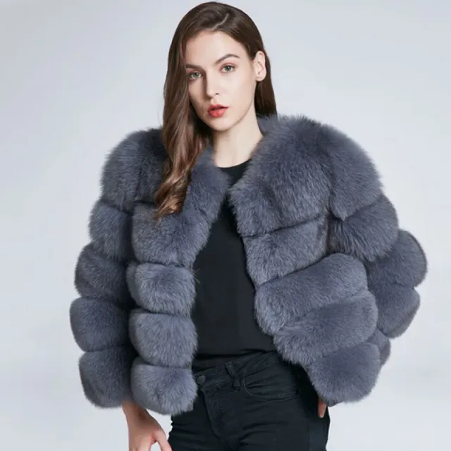Slim short faux fox fur coat Blue - Shop at LoveMi