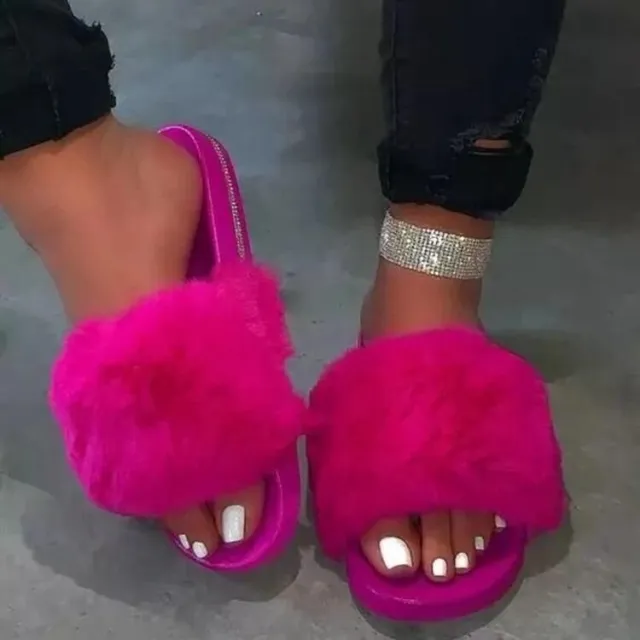 Spring/Summer New Rhinestone Flat Bottom Oversized Furry Sandals and Slippers Red - Shop at LoveMi