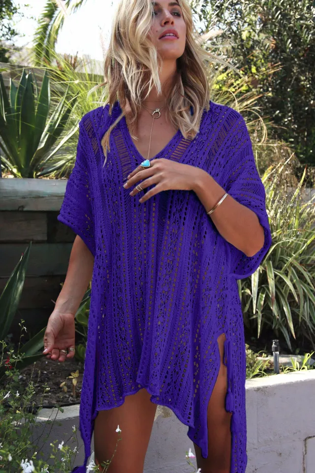 Knitted Hollow Loose Bikini Blouse Violet One Size - Shop at LoveMi
