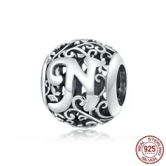 Forest pattern 26 English letters sterling silver loose beads - N - View 1