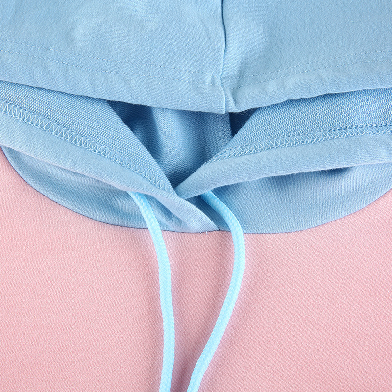 Fashion contrast stitching long sleeve loose hooded women's mid-length top