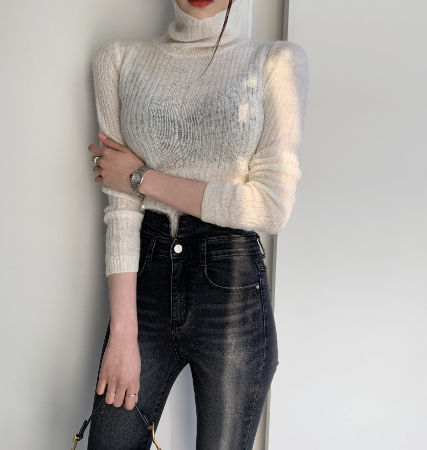Skin-friendly soft slim high neck mohair base sweater