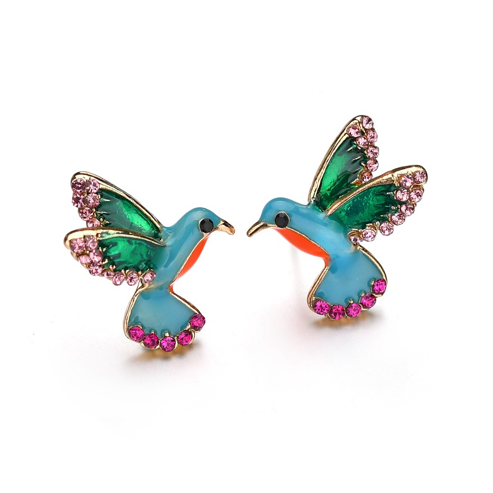 Colorful diamond-studded bird earrings