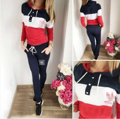 Hooded long-sleeve color matching casual sports two-piece sweater
