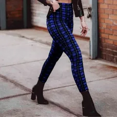 Plaid high waist leggings women casual pants - Blue - View 1