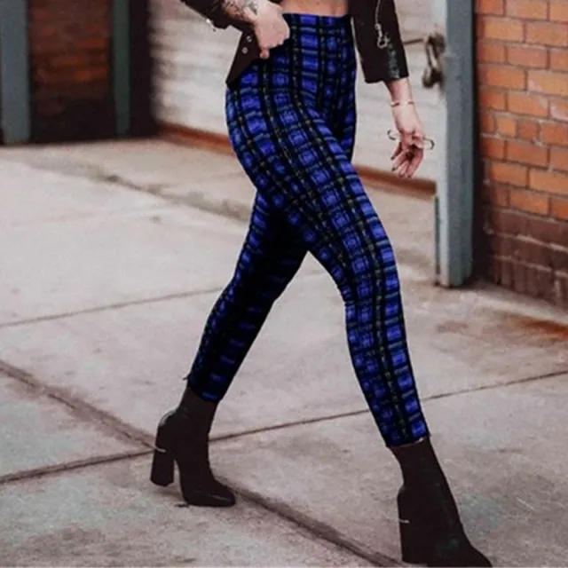 Plaid high waist leggings women casual pants Blue - Shop at LoveMi