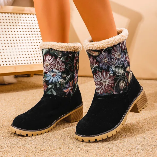 Flowers Embroidered Snow Boots Ethnic Style Platform Thick Square Heel Mid tube Boot Winter Warm Cotton Shoes For Women Black - Shop at LoveMi