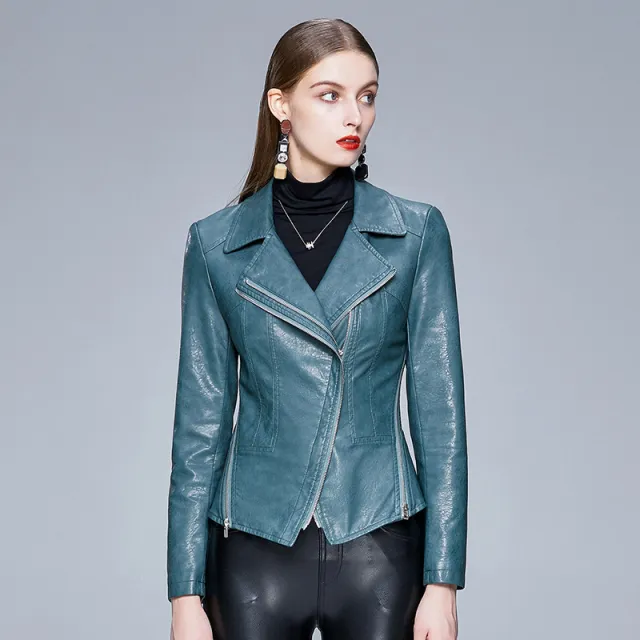 Slim fit trendy PU ladies jacket leather jacket Green - Shop at LoveMi