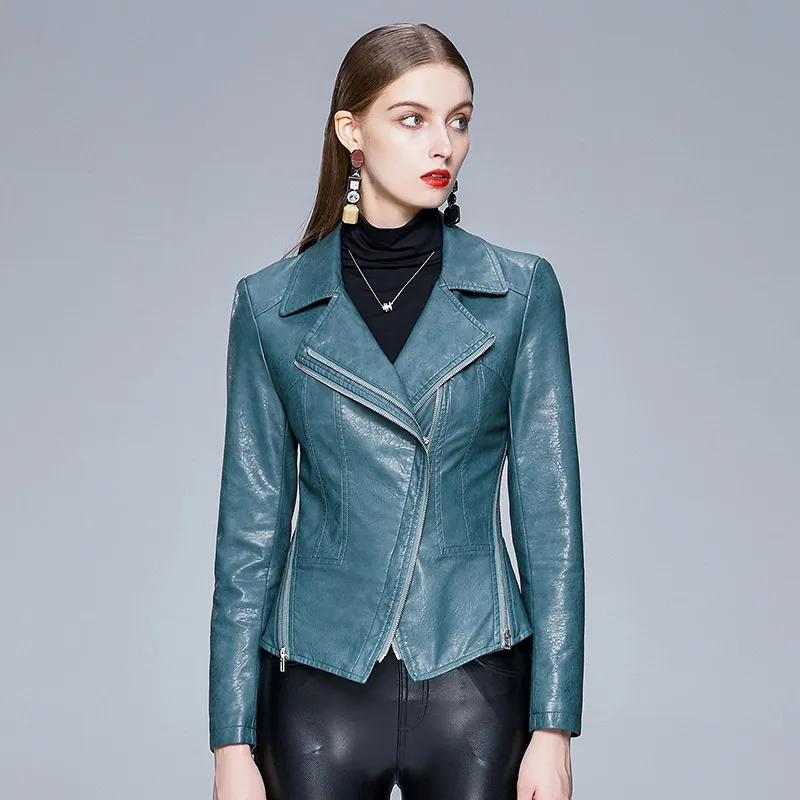 Slim-fit trendy PU ladies jacket leather jacket - Green