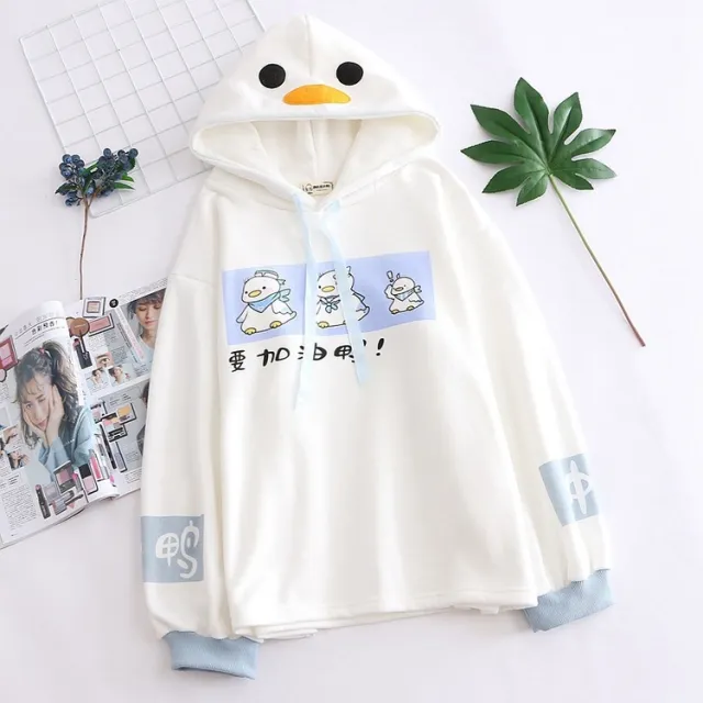 Refueling duck print plus fleece hooded sweatshirt White - Shop at LoveMi