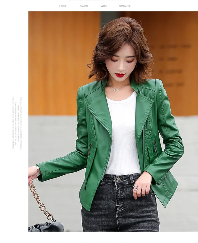 Suit collar fashion biker leather jacket leather woman Green - Shop at LoveMi