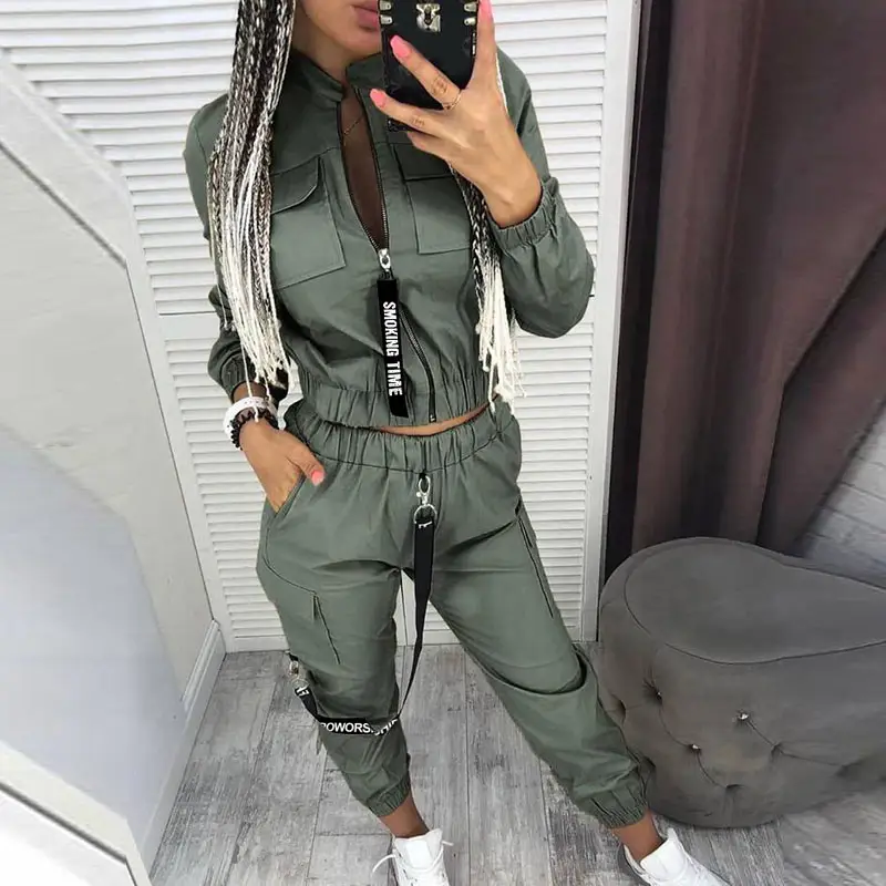 Autumn army green leisure two-piece suit