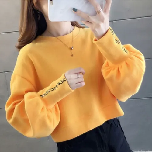 Embroidered puff sleeve sweatshirt Yellow - Shop at LoveMi