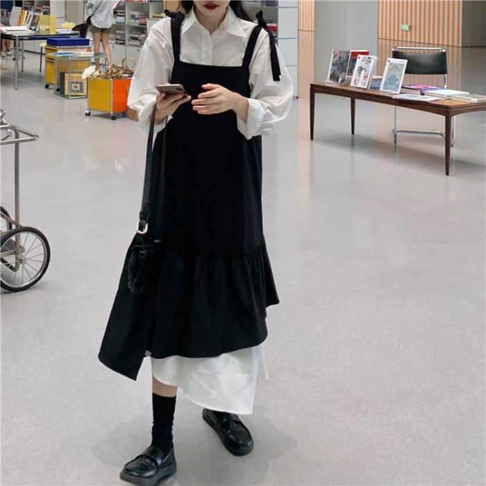 Fake two piece stitching shirt suspender dress