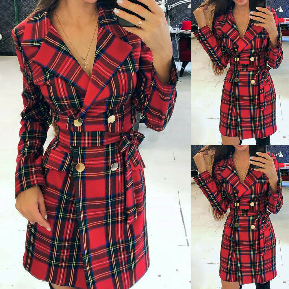 Ladies Plaid Tie Long Sleeve Blazer Dress