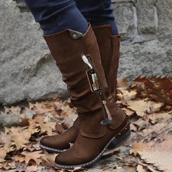 Knight boots thick heel round toe high side zipper leather Coffee - Shop at LoveMi