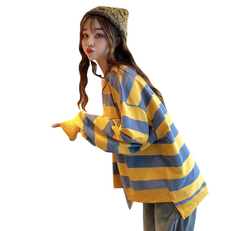 Loose striped lazy style long sleeve pullover sweater