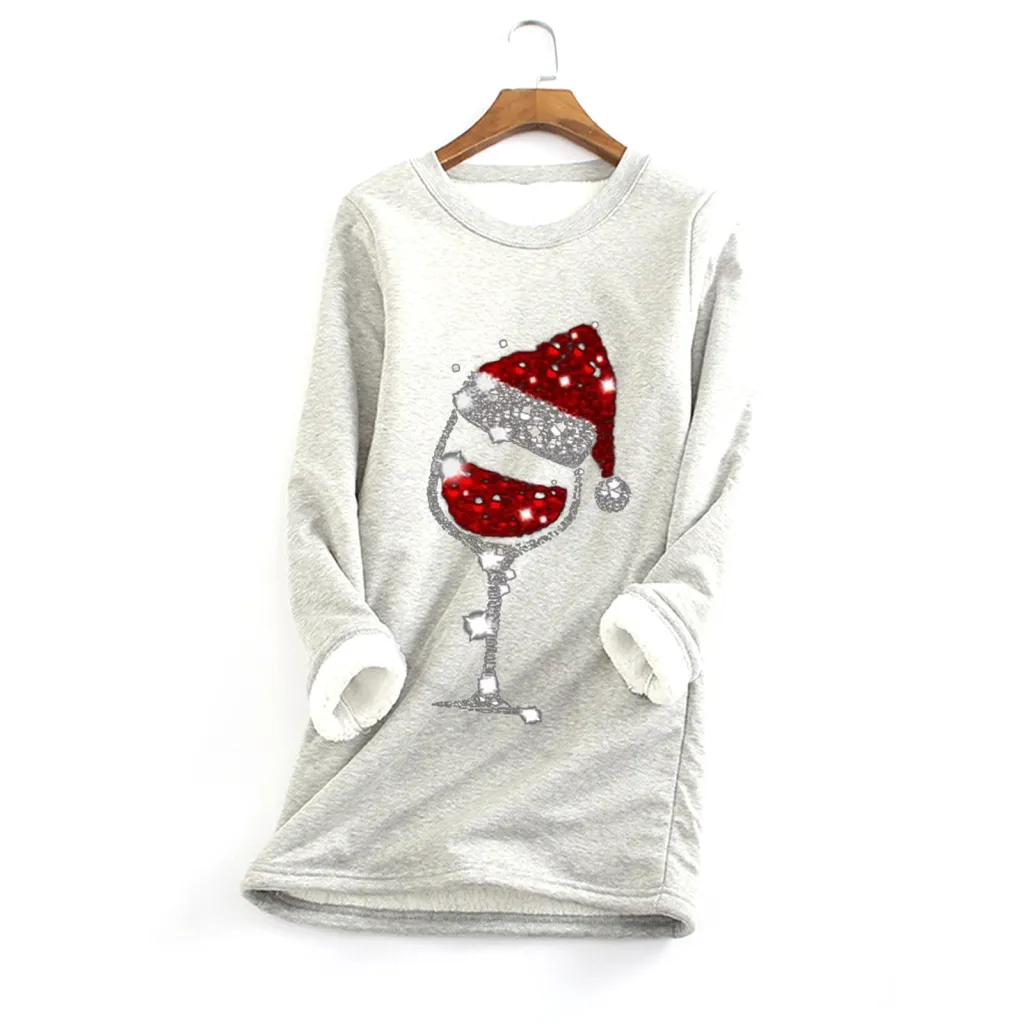 Christmas red wine glass print plus velvet bottoming shirt - Light Grey