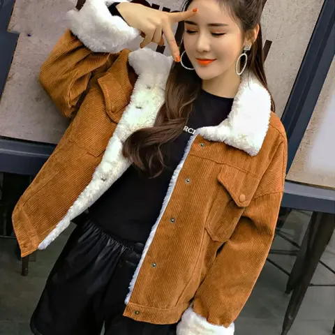Corduroy Lambskin Padded Jacket Long
