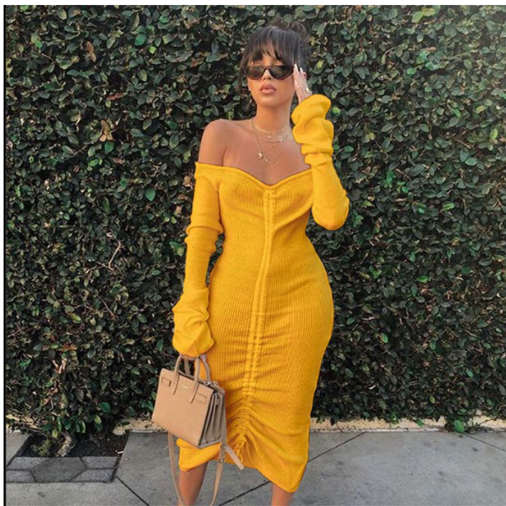 Strapless long sleeve drawstring dress