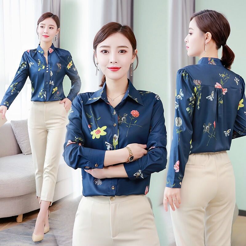 Long-sleeved spring and autumn new women's Korean printed shirt Chiffon shirt Slim slimming bottoming shirt