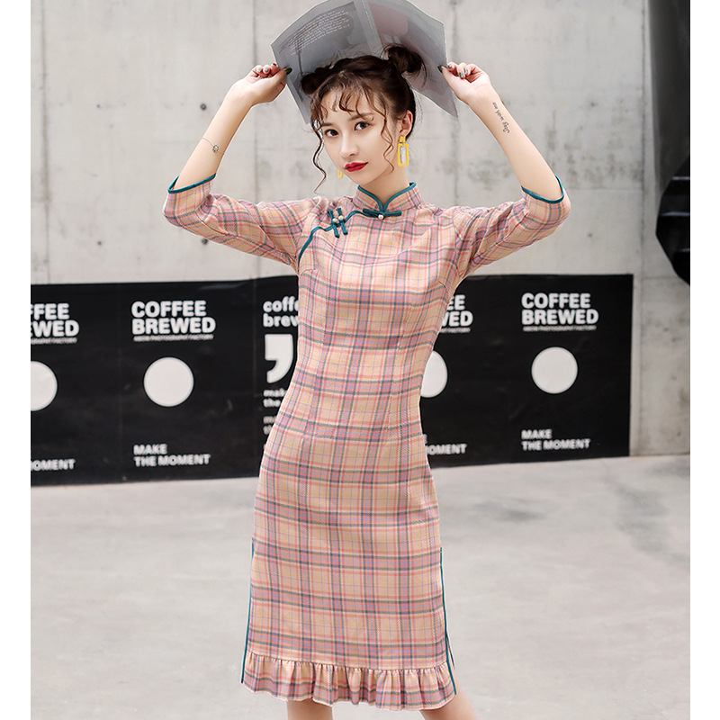 New and Improved Cheongsam Medium Length Retro Plaid Cheongsam Skirt